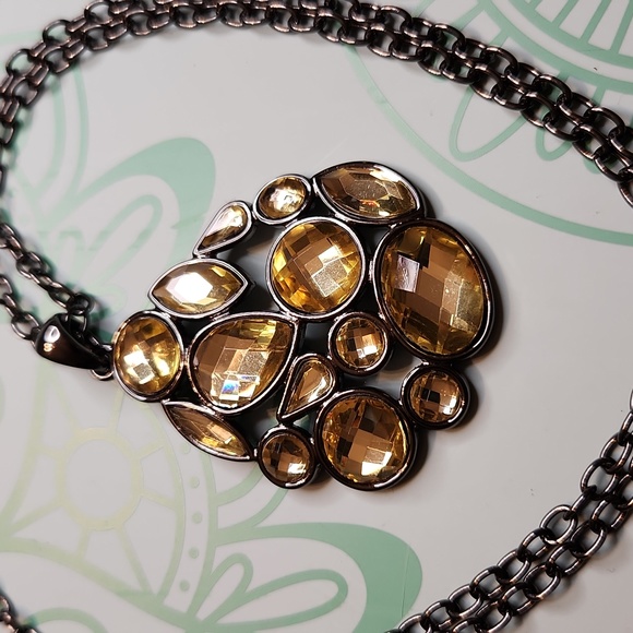 Signed Lia Sophia Gunmetal tone Necklace with Yellow Cabochon Pendant - Picture 2 of 6